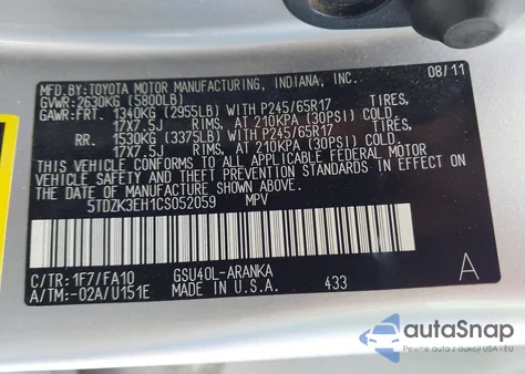 2012 Toyota Highlander Se из США, поврежденный, VIN 5TDZK3EH1CS052059